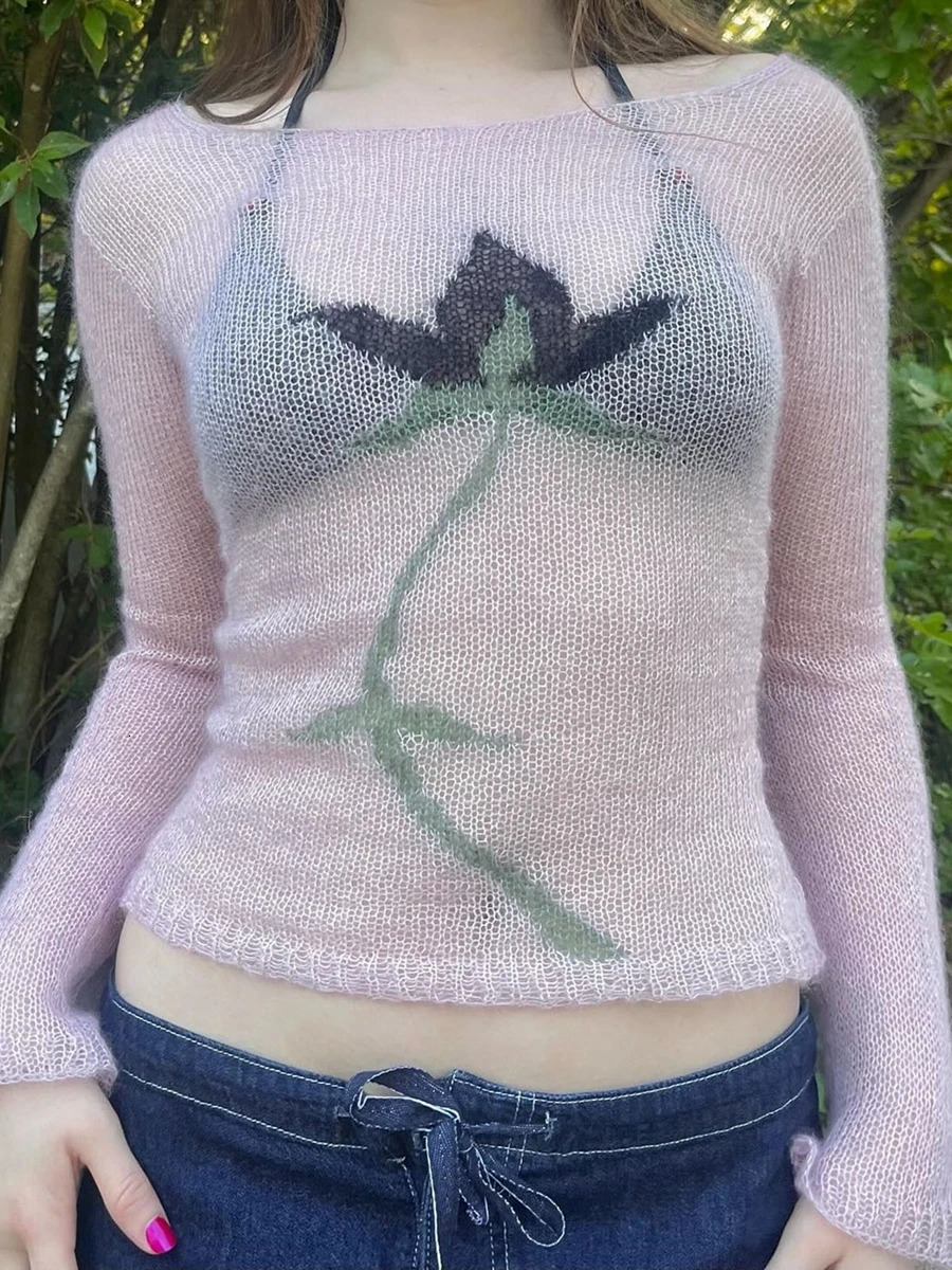 Vintage Y2K Knitted Sweater Flower Aesthetics Graphic Print Pullover Tops Long Sleeve Slim 2000s Harajuku Top Streetwear 241203
