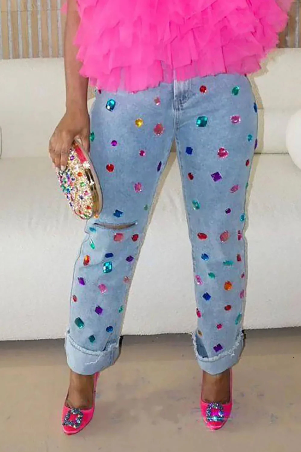 Womens plus size jeans casual blue denim tight rhinestone open top high street retro Y2K denim mens jeans 241205