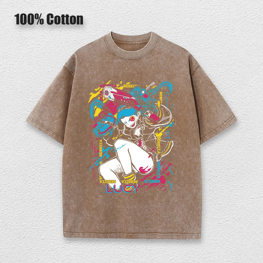 Y2k style mens wash T-shirt cyberpunk Edgerunners printed retro Harajuku style top fashionable hip-hop fashion streetwear unisex 241205