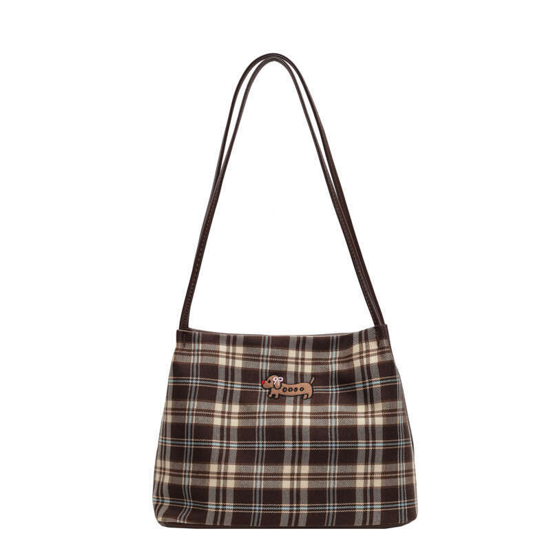 Korean style plaid shoulder cartoon dog embroidery cute tote commuting bucket bag