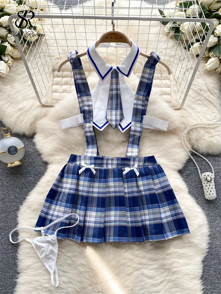 SINGREINY French Sexy JK Uniform Night Dress Hollow Out Tie Slim Nightwear Erotic Plaid Lingerie Women Pleated Pajamas Dresses 241209