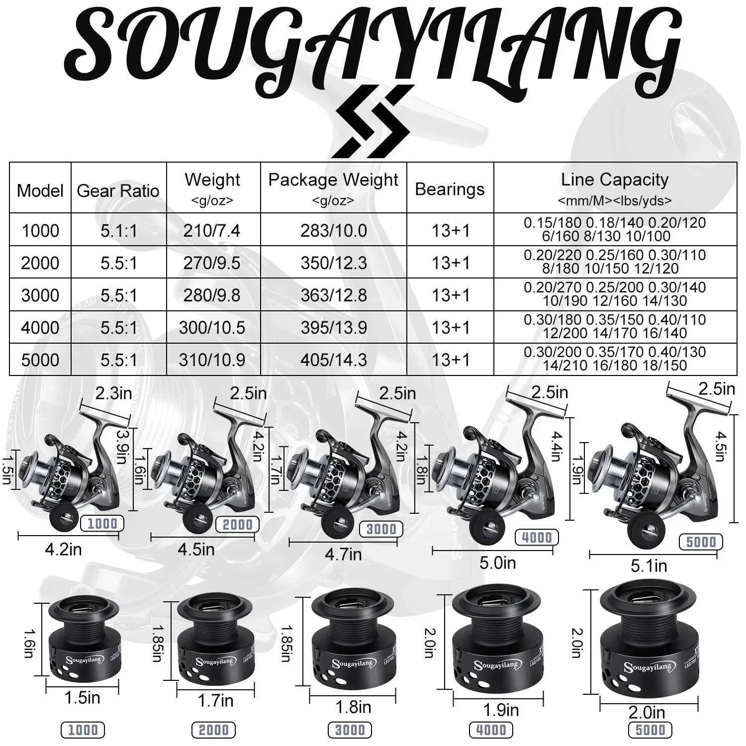 Sougayilang 13+1BB Spinning Fishing Reel High Speed Gear Ratio Aluminum Spool Light Weight Ultra Smooth Reel with Free SpoolXJ241209
