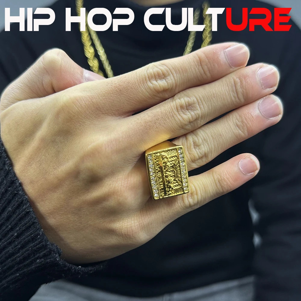 Hip Hop Trendy Ring Diamond Inlay 18K Gold Plated Exquisite Carving Suitable for Street Gangs Nightclub Parties 241209