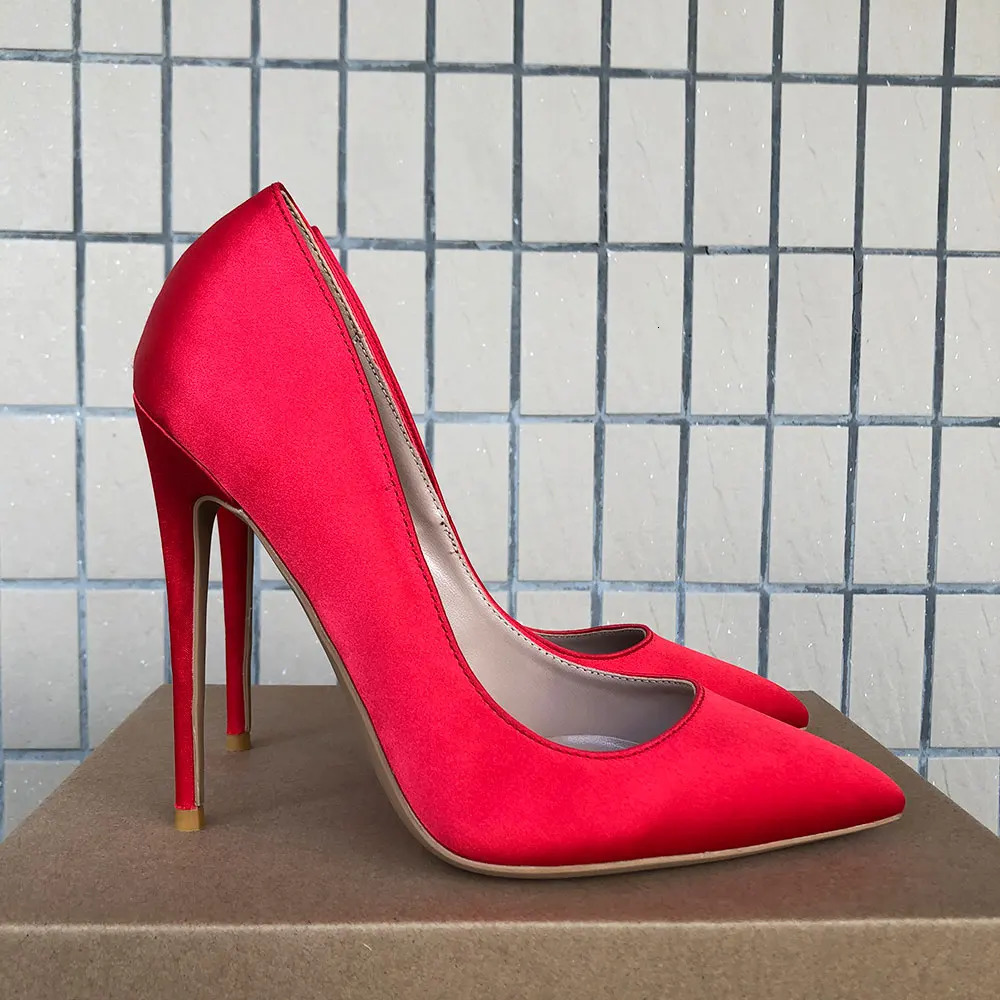 Tikicup Women Red Satin Pointed Toe Pumps Slip On Stilettos Comfortable Ladies Silk High Heels Wedding Party Dress Shoes 241209