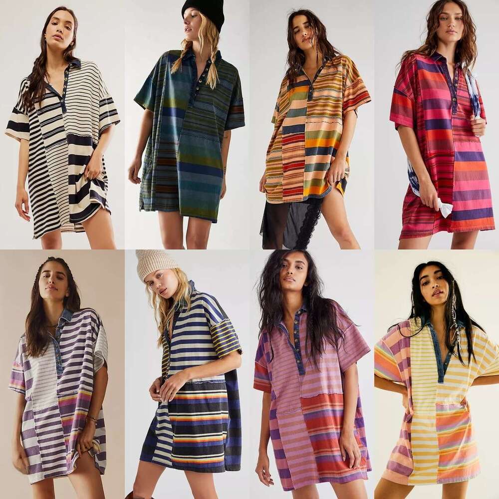 New European And American Women's Mid Sleeve Lapel Contrasting Striped Loose Casual Dress For Women B3