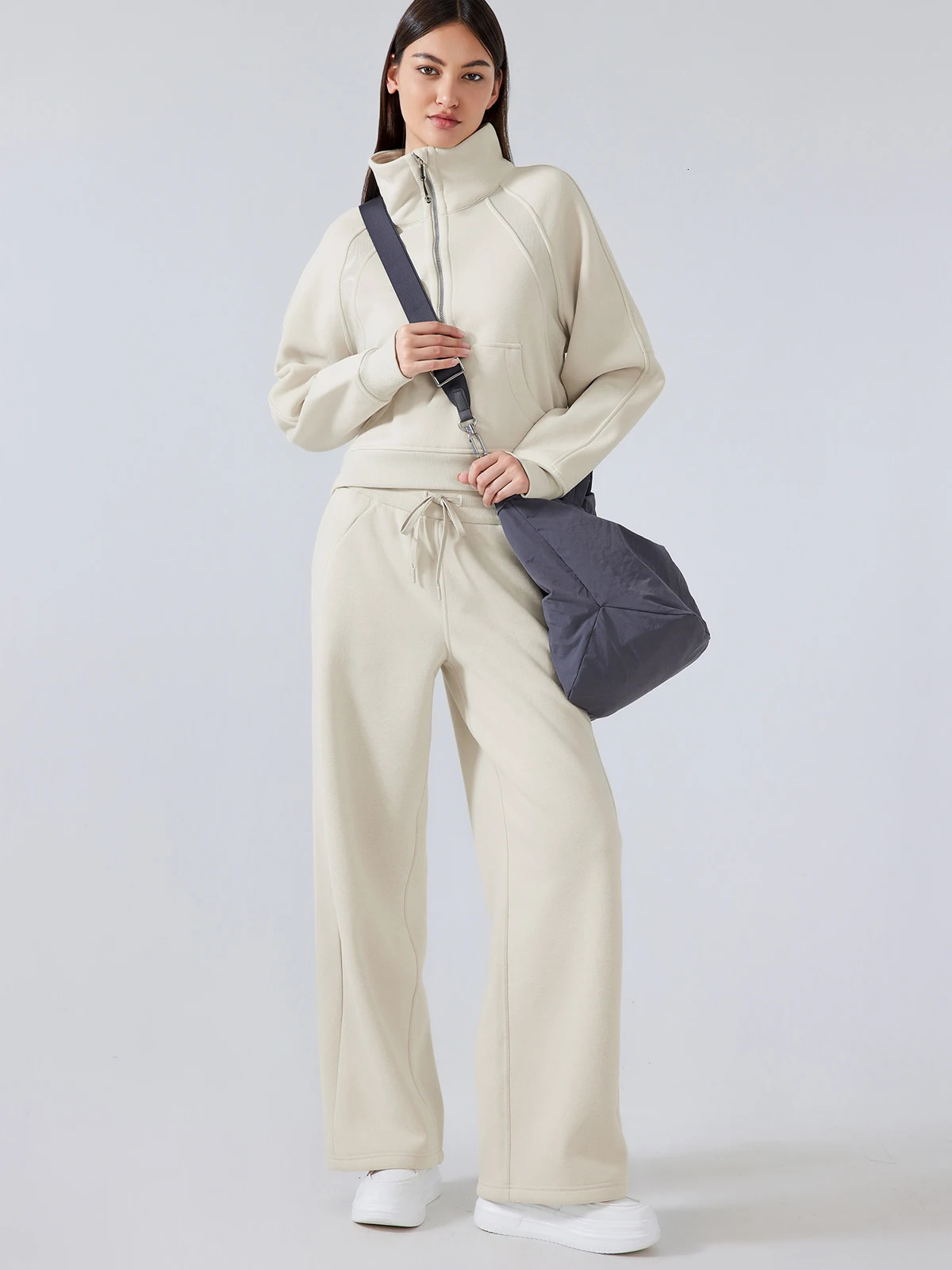 Womens 2-piece winter warm wool half zipper high neck zipper sweatshirt and loose straight leg pants suitable for gym and casual wear 241205