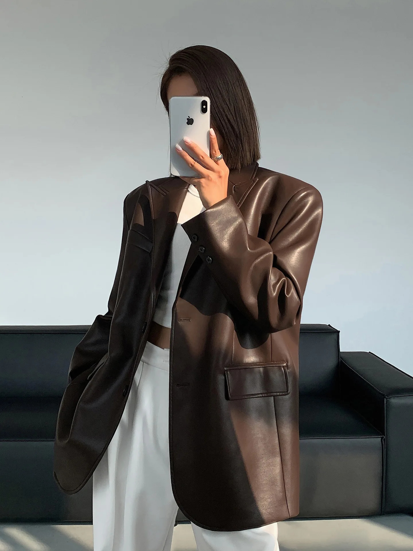 Women Black Brown Soft PU Leather Blazer Shoulder Pads Long Sleeve Single Breasted Loose Casual Jacket Tops Korean Fashion Coat 241209