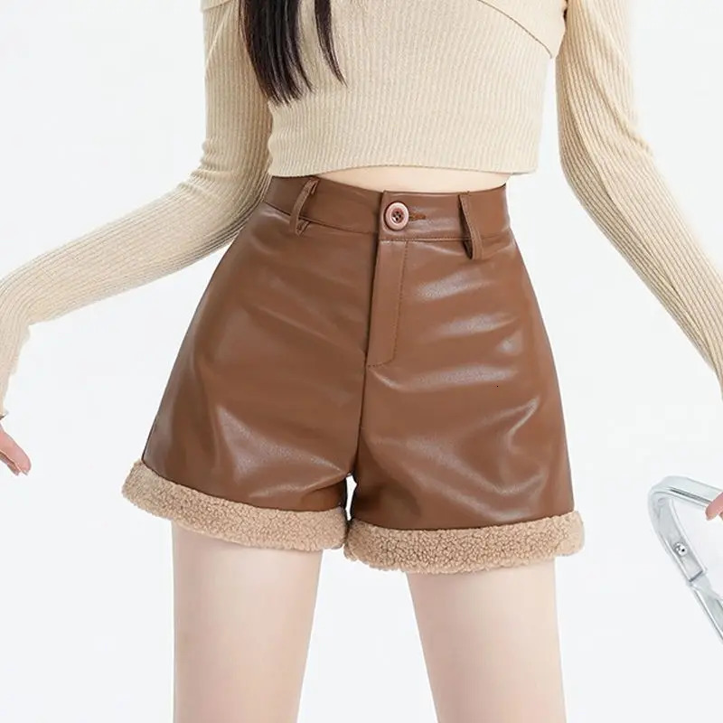 Khaki shorts autumn cashmere patchwork PU leather high waist wide leg boots casual long legs and pants 241206