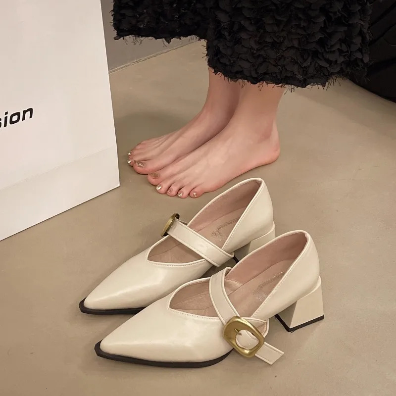 Retro Womens High-Heeled Shoes Fashion Mid Heel Pointed Toe Party Pumps Women Soft Leather Mary Jane Shoes Size 35-41 241209