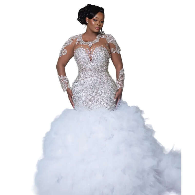 2024 Arabic Aso Ebi Plus Size Off White Mermaid Wedding Dresses Urious Lace Rhies Full Sleeves Tiers Vintage Bridal Gowns Dress 0218