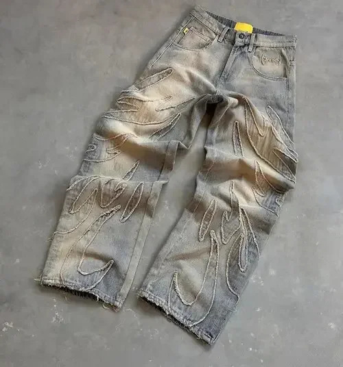 Y2k Men Baggy Jean Hip Hop Retro Harajuku Light Distressed Pants Oversized Embroidered Gothic Wide Leg Streetwear 241206