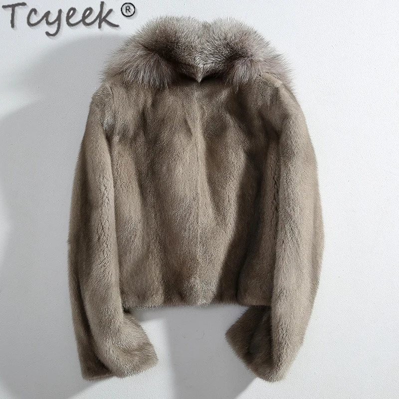 Tcyeek natural mink coat womens fur leather jacket full mink winter womens short real fur coat warm fox fur collar 241202
