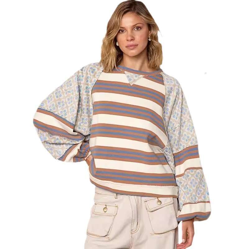 Autumn Winter New European And American Color Blocked Printed Top, Casual Loose Long Sleeved Hoodie, Women's Fashion Quality Classic B2