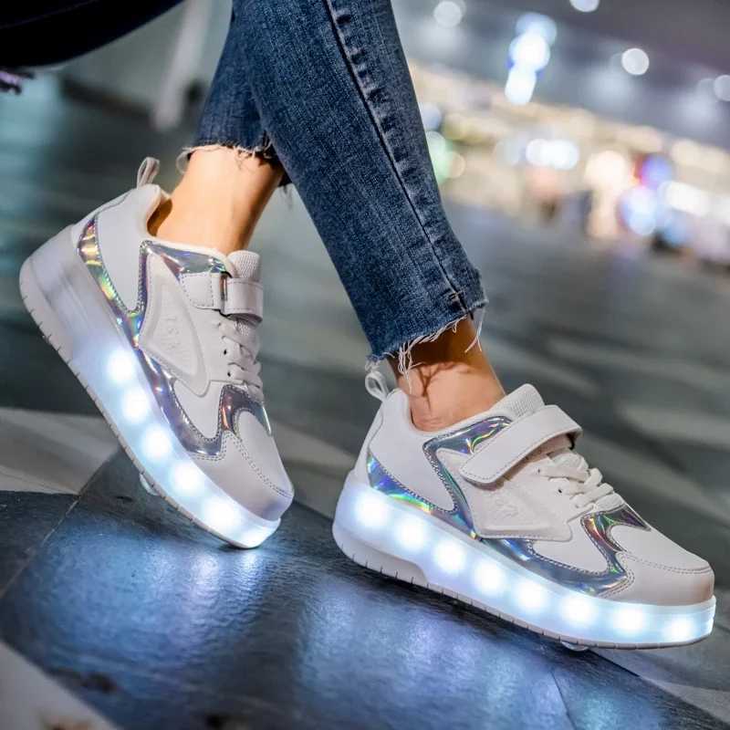 Boys and girls roller shoes LED lights USB charging childrens skateboarding casual skateboarding shoes sports shoes childrens sports shoes X241209