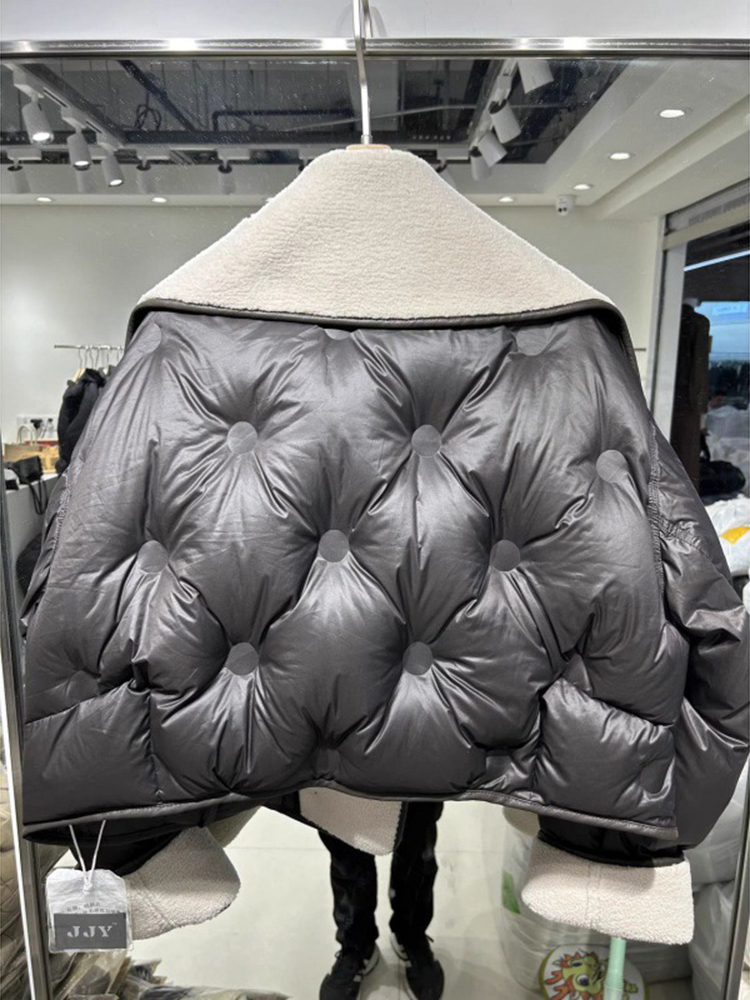 Winter Patchwork PU Leather Loose Parkas Lapel Women's Jackets White Duck Down Casual Coat Female Puffer Jacket