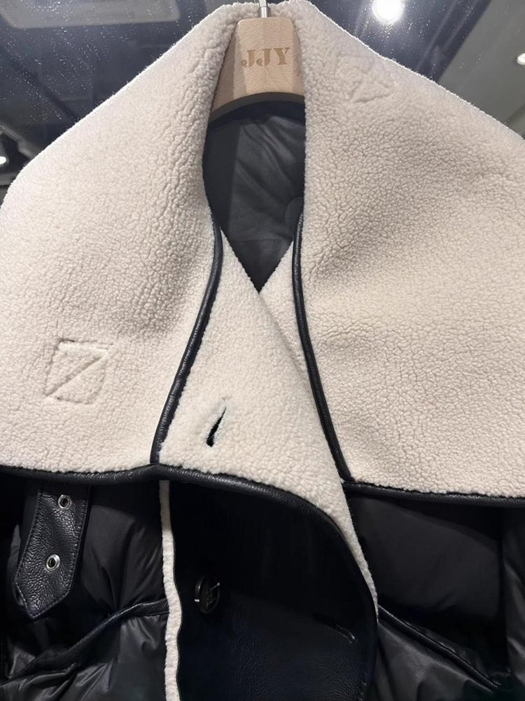 Winter Patchwork PU Leather Loose Parkas Lapel Women's Jackets White Duck Down Casual Coat Female Puffer Jacket