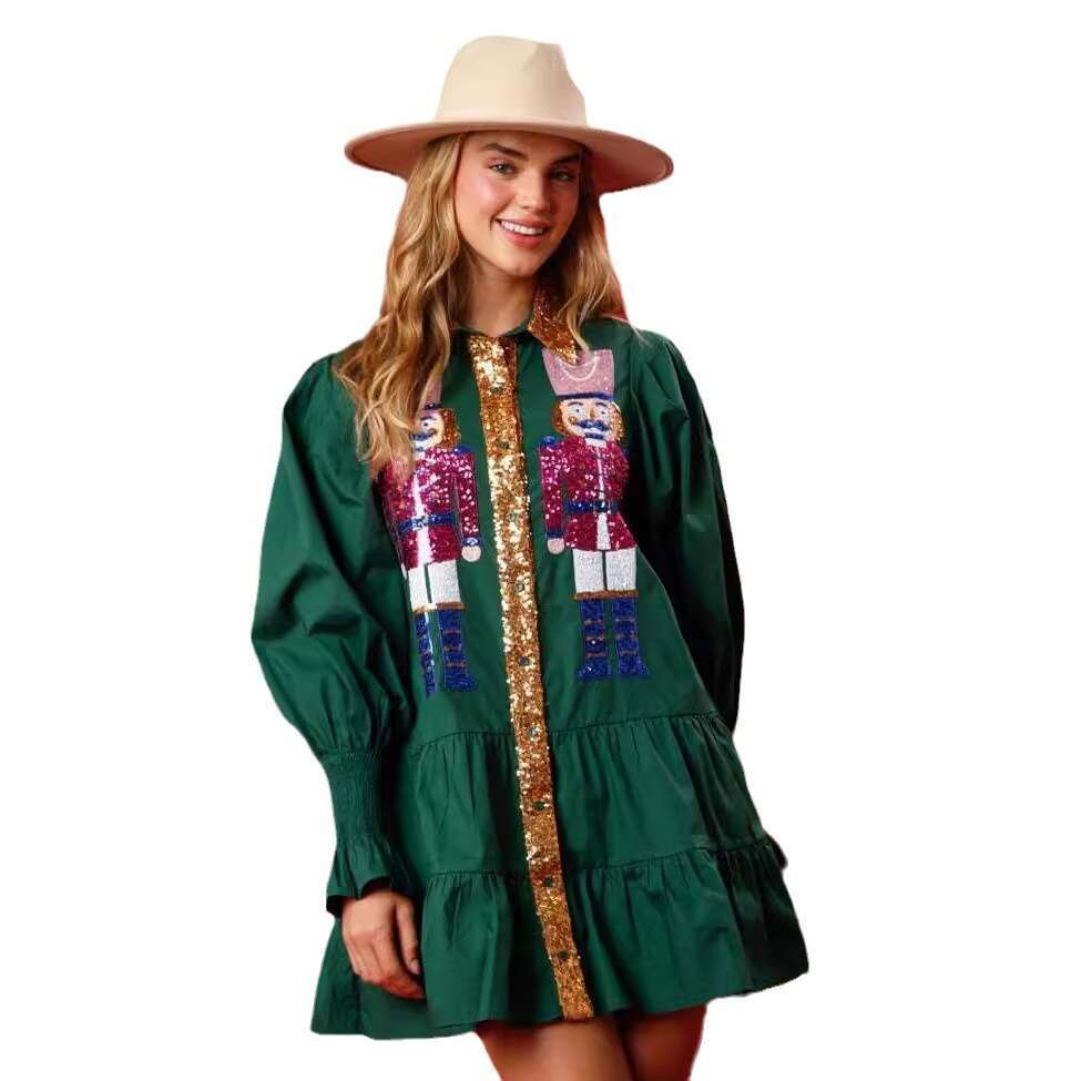 Autumn Winter New European And American Skirt Contrasting Long Sleeved Lapel Christmas Sequin Dress For Women B1