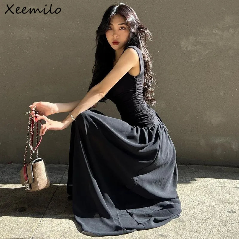 WhereMery Women Summer Party Long Dress Sexy Ruched Bodycon Black Maxi Dresses 2024 Elegant Temperament High-waist Vestidos 241209