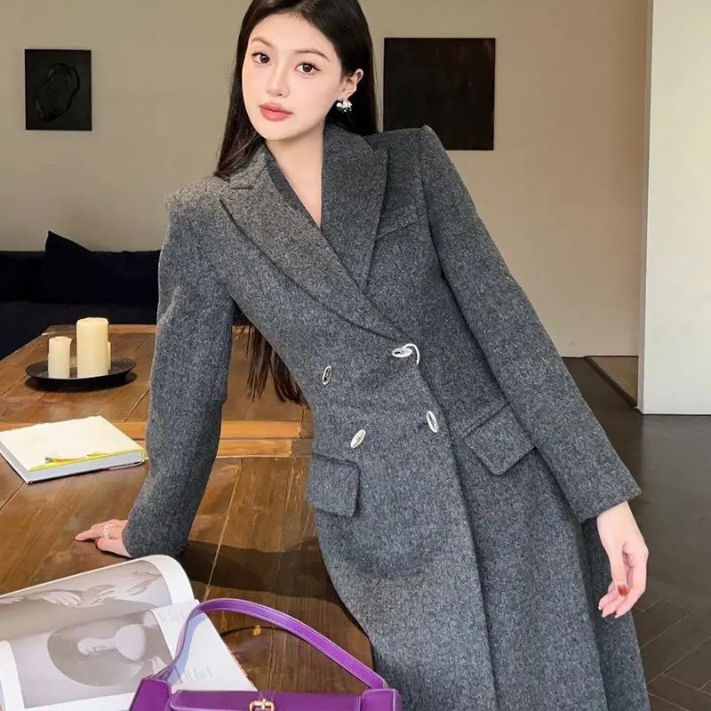 High end Hepburn style gray thick suit womens wool coat winter clothing coat commuting fashion long coat womens clothing 241204