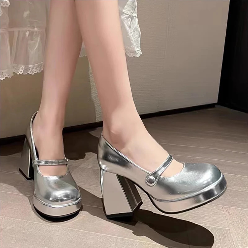 High Heels Mary Janes Shoes Women Silver Party Lolita Shoes Fashion Dress Chunky Female Elegant Zapatos Pumps 241209