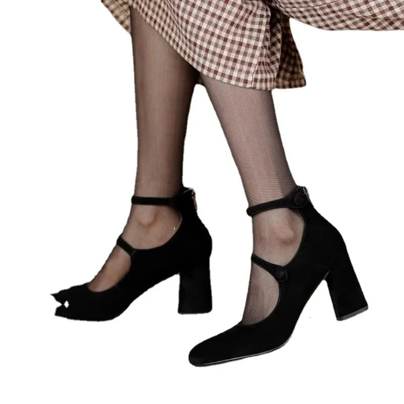 Fashion Square Heel Womens High Heels Shoes Black Suede Heels for Women Buckle Mary Jane Shoes Ladies Office Dress Pumps 241209