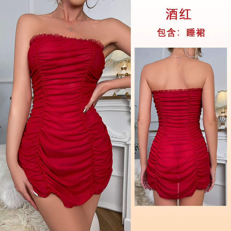 Feiyun mesh sexy strapless nightclub pleated hip hugging dress 437 2024 new style temperament chic elegant clothing