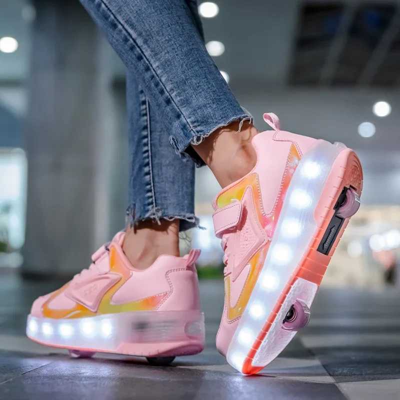 Boys and girls roller shoes LED lights USB charging childrens skateboarding casual skateboarding shoes sports shoes childrens sports shoes X241209