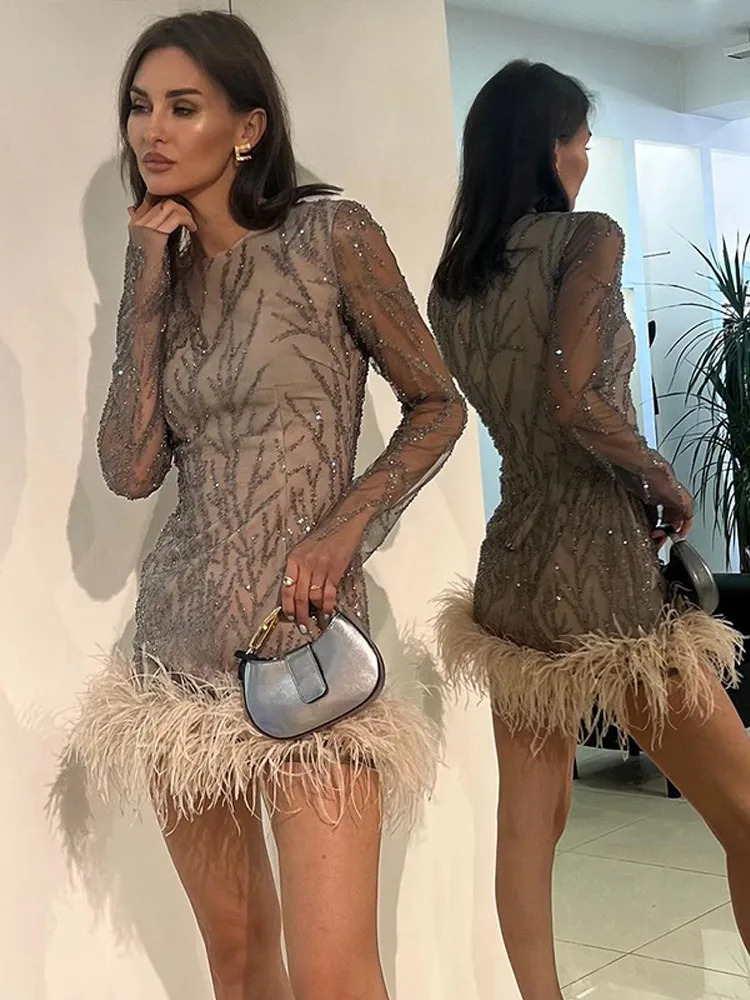 2024 Feather Sequins Partywear Mini Dresses Women Elegant Mesh Sheer Sequined Long Sleeve Dress Lady Club Evening Vestidos 241209