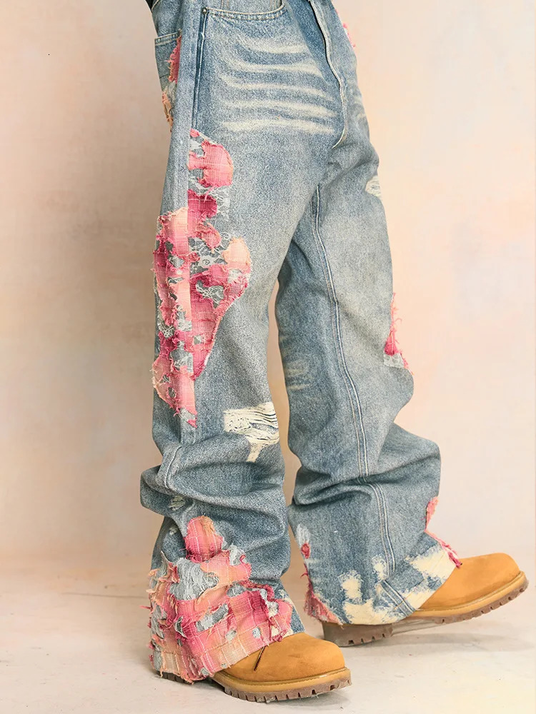 Mens Y2K Flower Printed Baggy Jeans Streetwear American Casual Denim Wideleg Pants Hombre Vintage Straight Trousers 241206