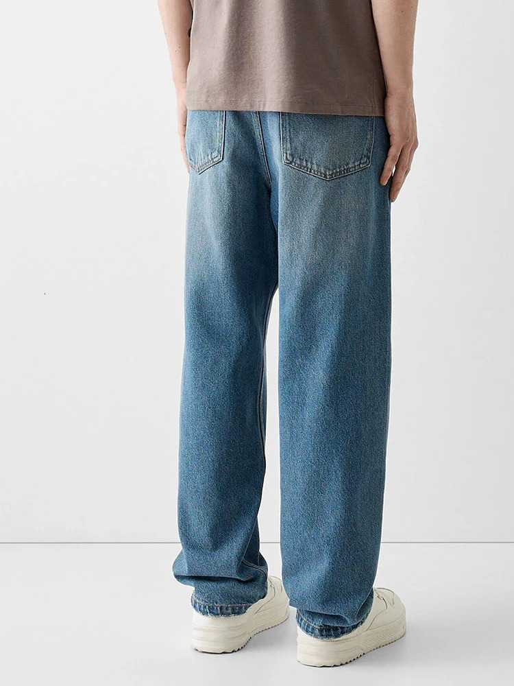 Straight jeans mens wide loose denim blue unisex streetwear casual pure pants hiphop bag 241206