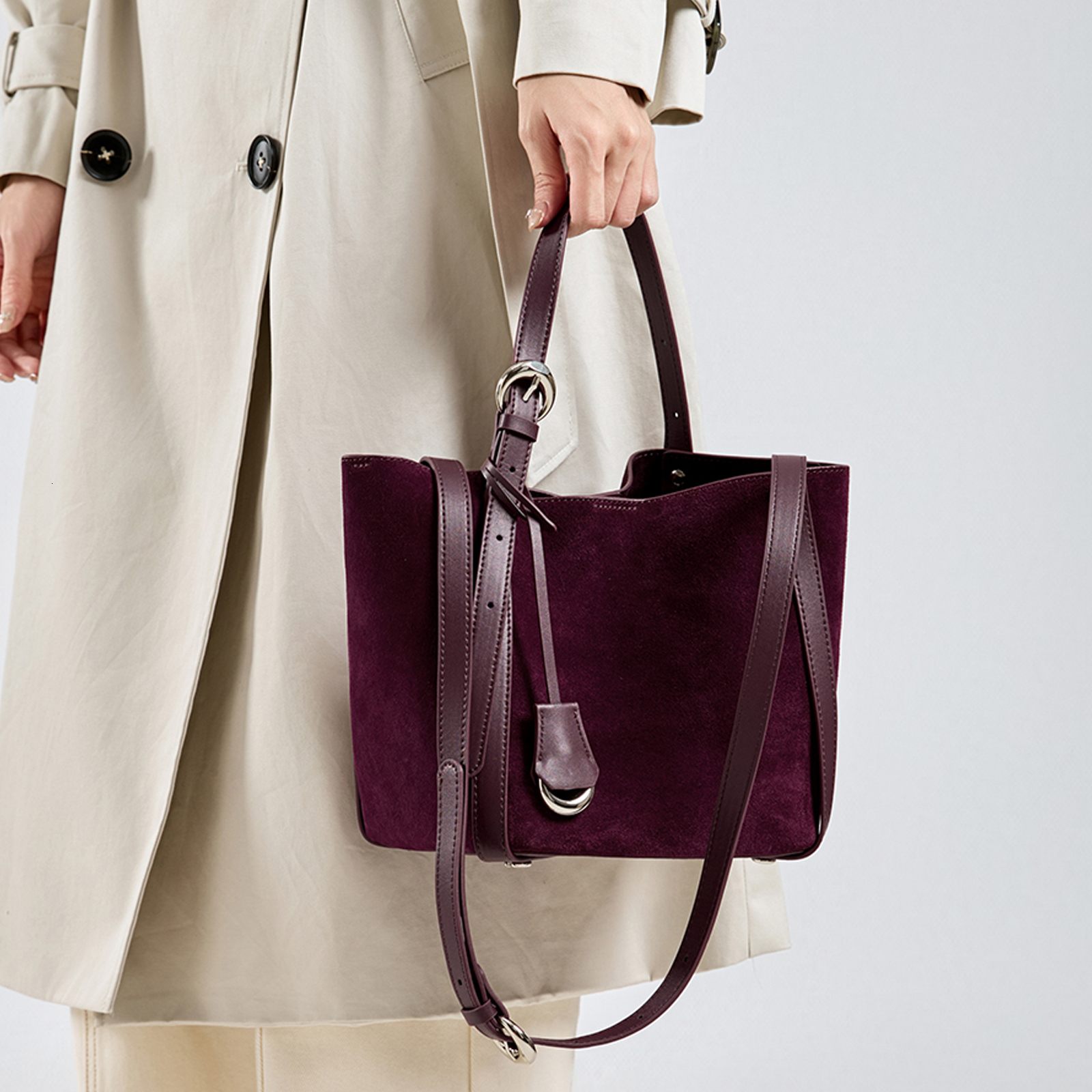 Leather Handbag Trendy Women Tote High Quality Basket Bucket Retro Matte Suede Shoulder Crossbody Bag