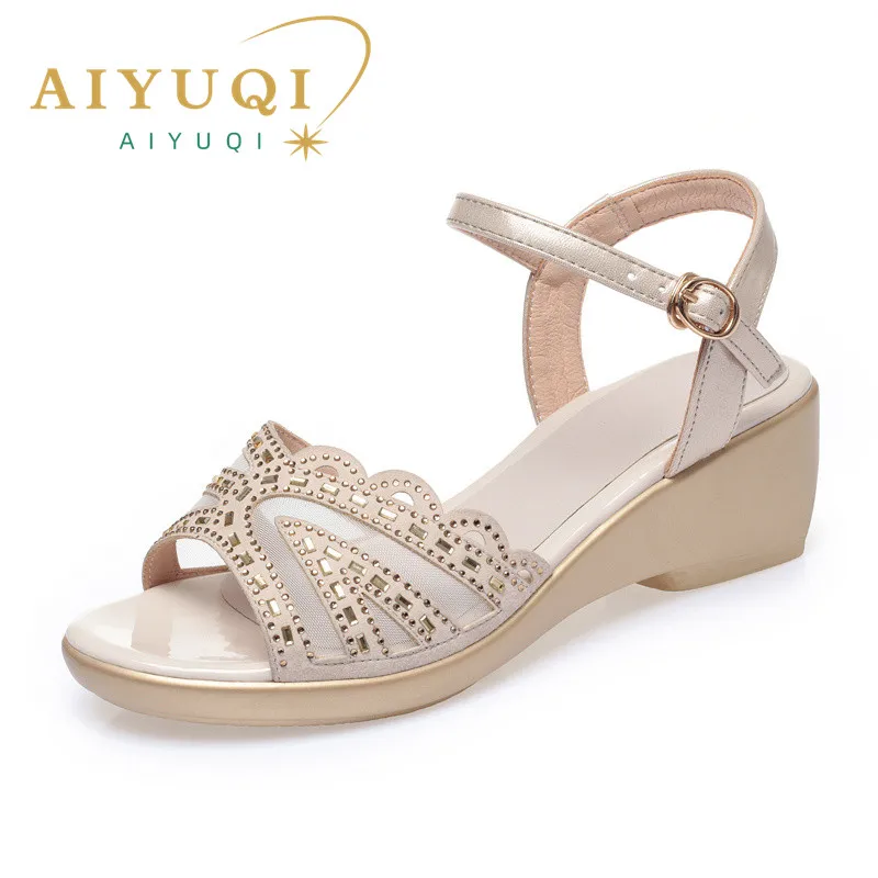 AIYUQI Women's Sandals Big Size Summer Wedges Women's Sandals Roman Water Drill Pure Color Casual Mother Sandals Ladies