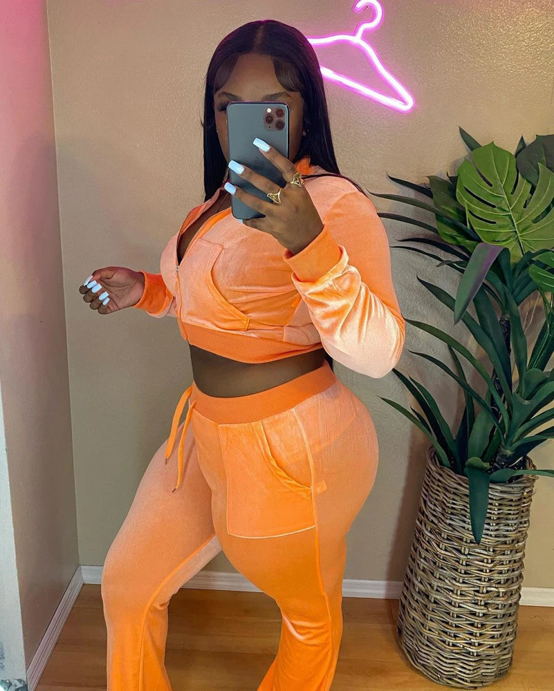 Velvet Tracksuit Lounge Wear for Women Autumn Clothes Long Sleeve Zip Crop Top Flared Pant Suit Jogger Matching 2 Two Piece Set 241209