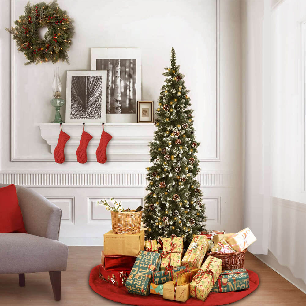7.5 Ft Pre-Decorated Pencil Christmas Holiday Tree w Clear Pine cones 955 PVC cked Frosted Tips 400 LED Lights