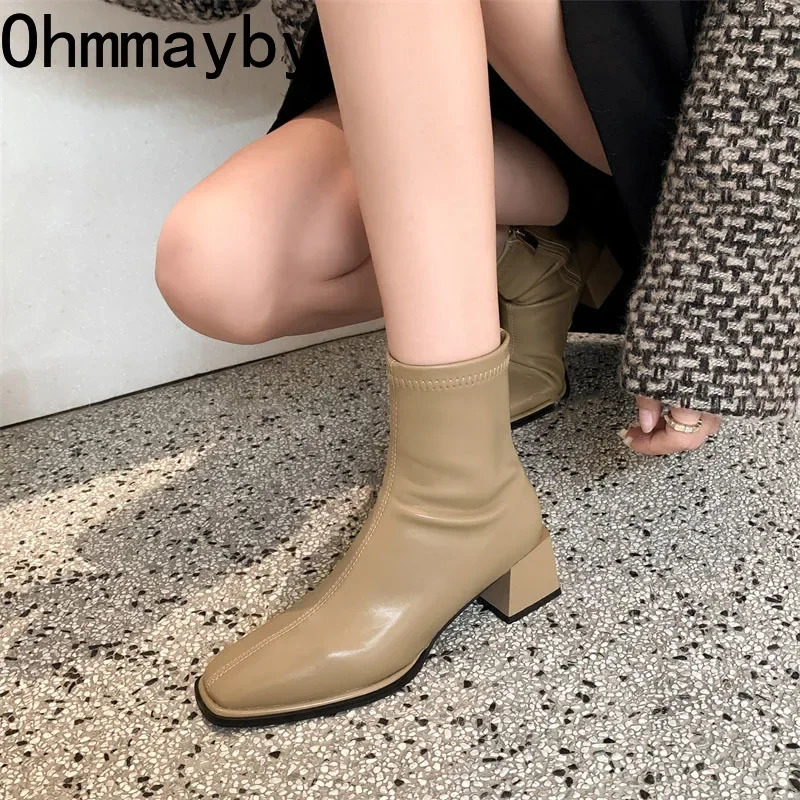 High quality soft PU leather womens ankle boots square toe square heel short boots autumn winter womens shoes Chelsea boots 241206