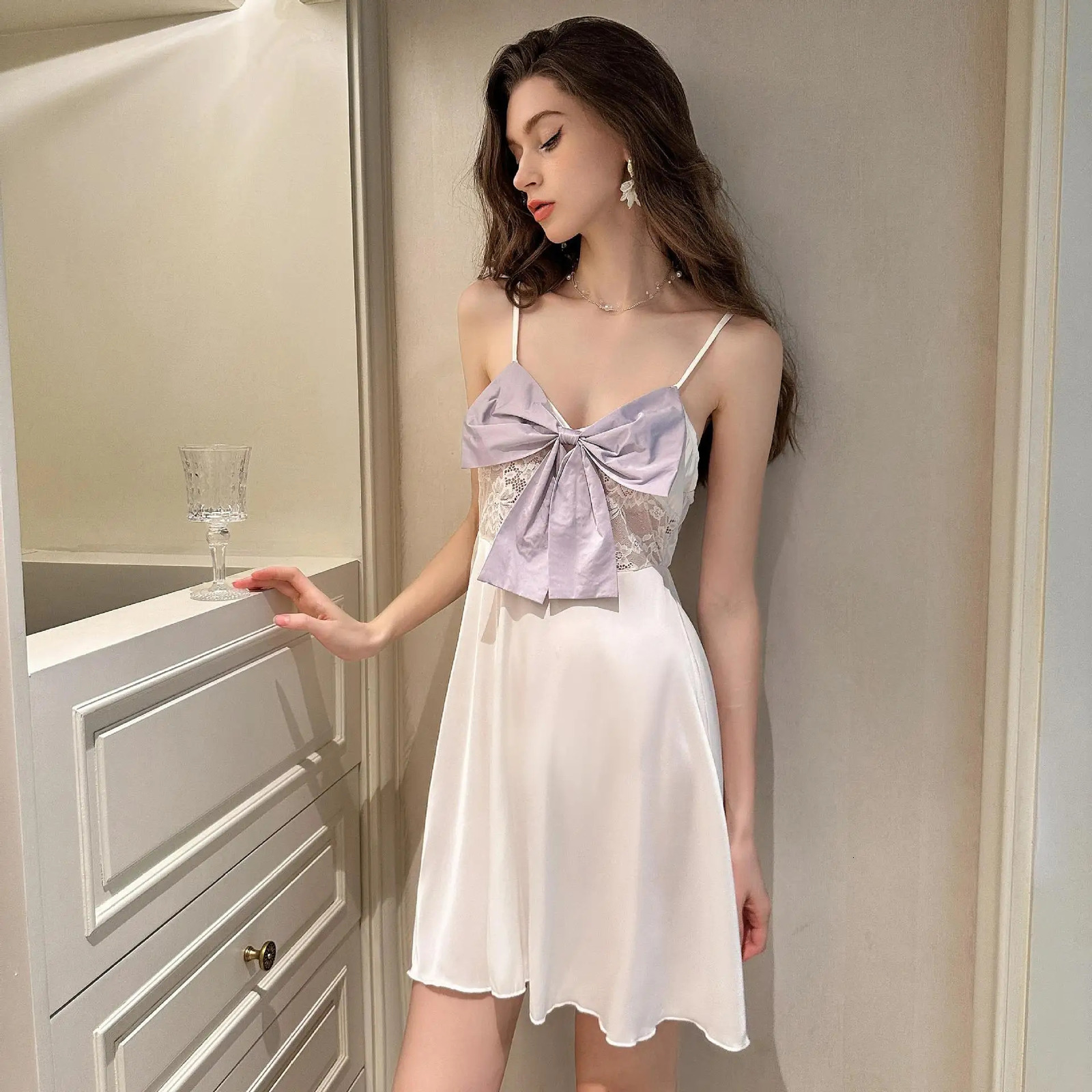 MECHCITIZ Womens Satin Nightgown Silk Sleeveless Dress V Neck Sexy Nightwear Lace Sleepwear Pyjamas Satin Lingerie 241209