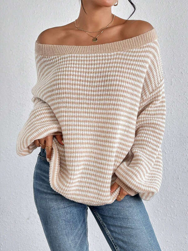 Temperament One Word Neck Spring and Autumn Sweater Stripe Contrast Set Knitted Top for Women