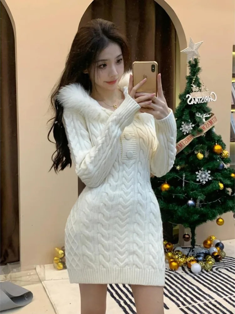 Autumn and Winter Elegant Womens Sweater Christmas Red Ultra Thin Fur Splicing Hooded Knitted Dress Womens Knitted Dress 241206