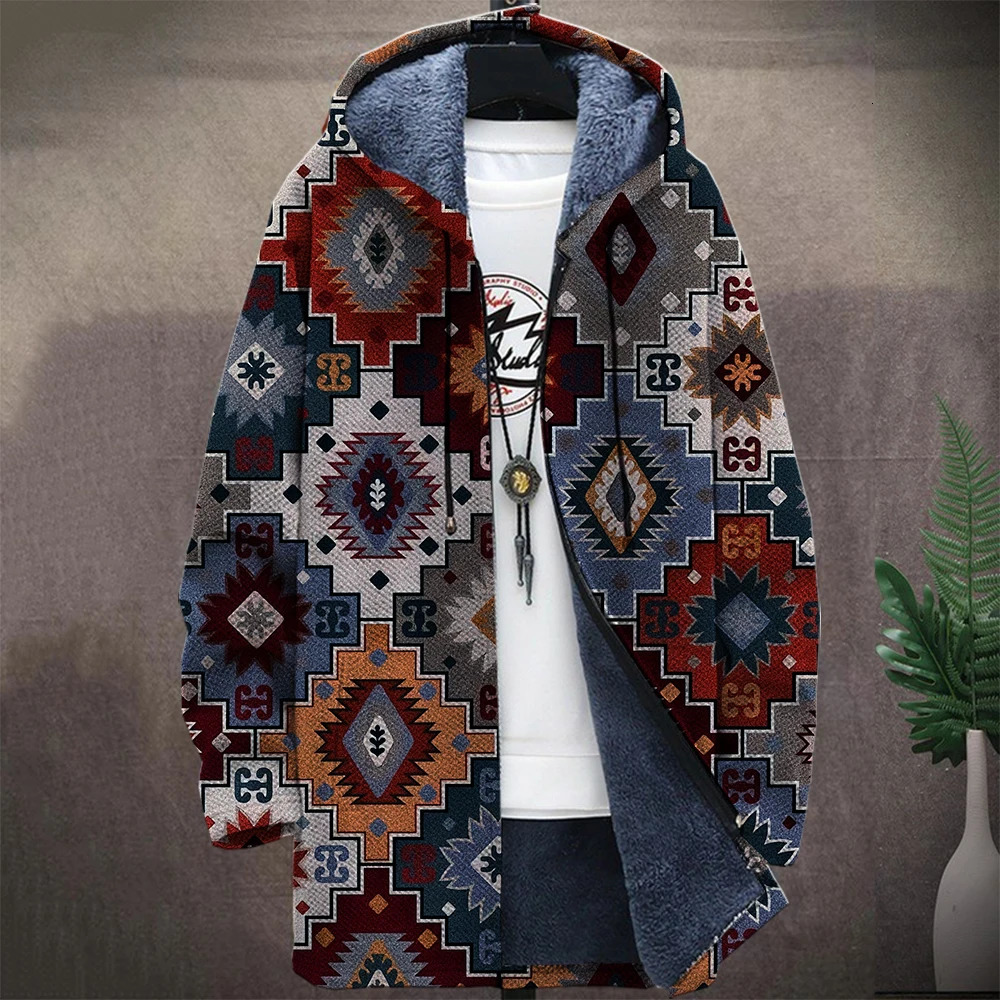 Mens original retro Aztec block graphic winter coat printed pattern knitted sweater cardigan woolen zipper hooded thick 241209