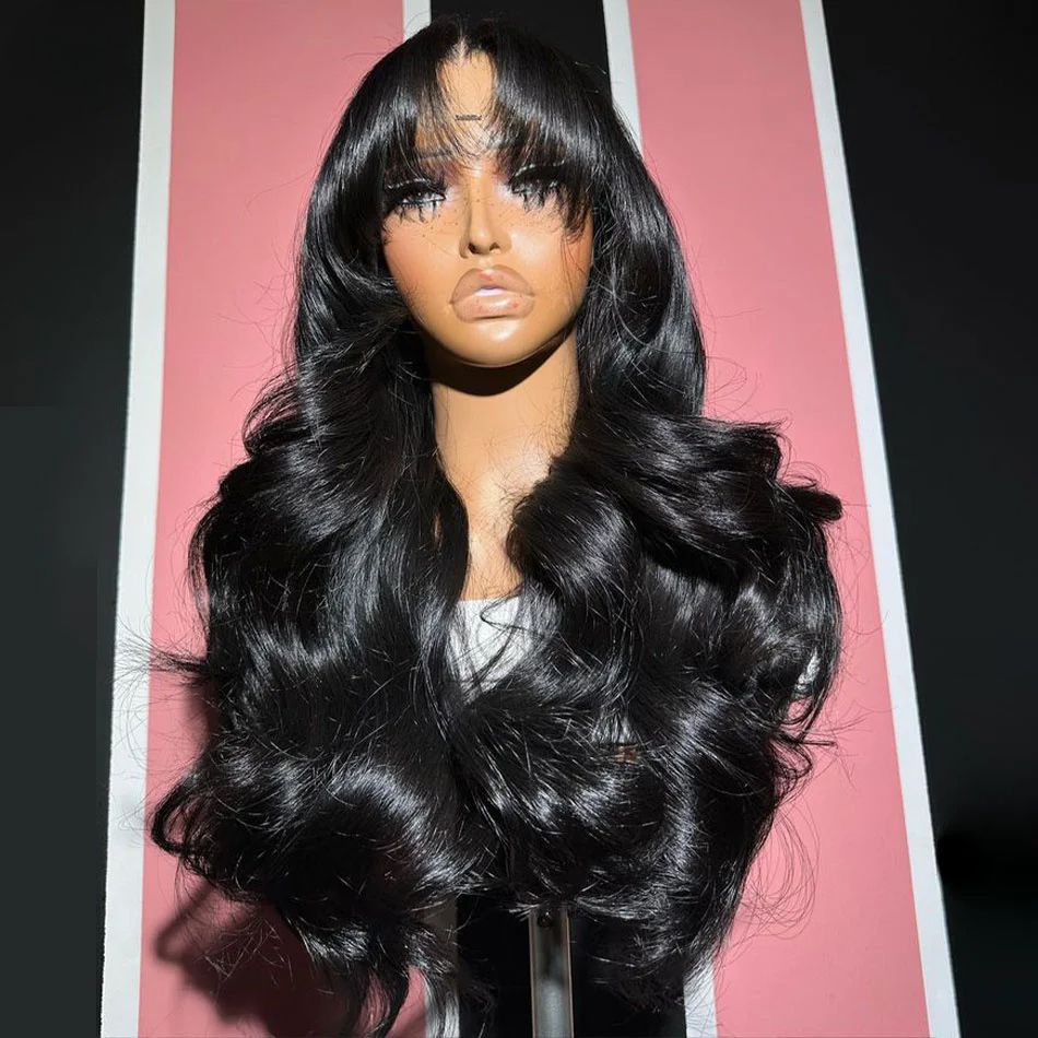 180density Chocolate Brown Body HD Lace Frontal Human Hair Wigs Water Wave Colored Synthetic Wig with Bangs 250 Density 40Inch