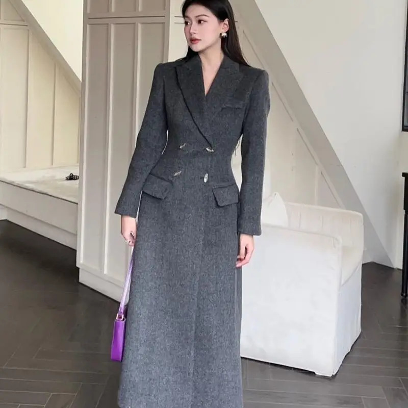 High end Hepburn style gray thick suit womens wool coat winter clothing coat commuting fashion long coat womens clothing 241204
