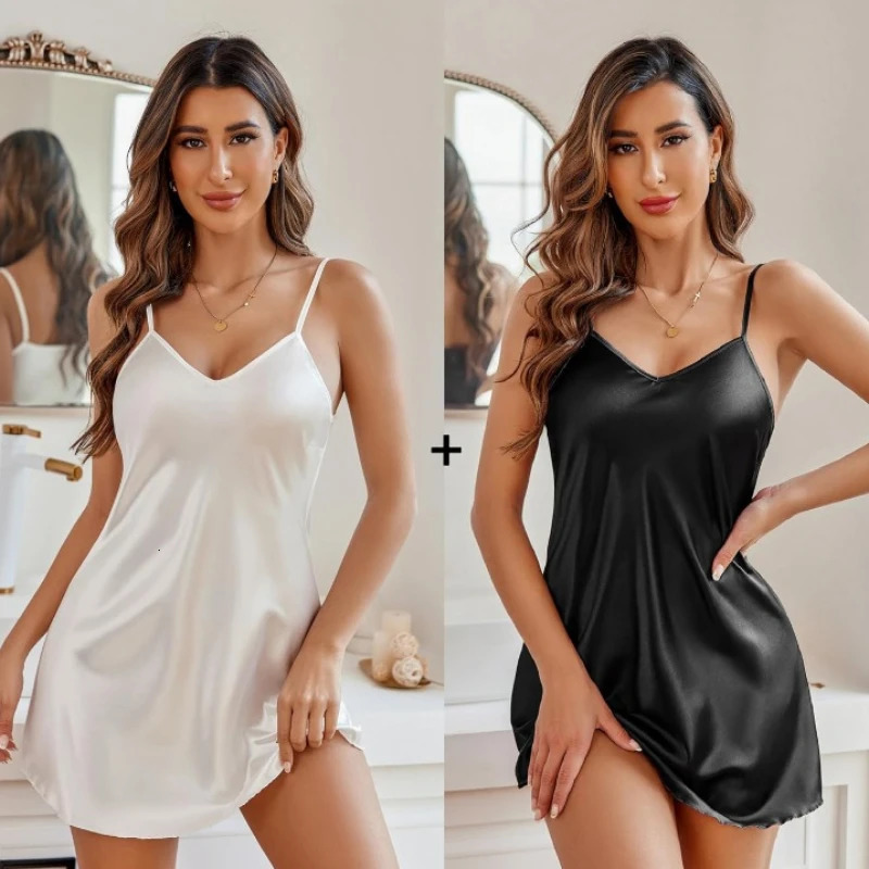 Sexy Satin V-Neck Halter Babydolls Plus Size Lingerie Women Silky Sleepwear Wedding Bride Mini Dress Mini Slip Chemise Nightwear 241209