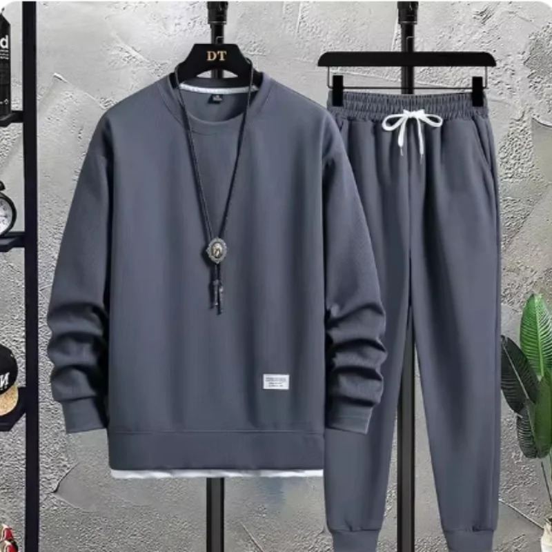 2024Autumn mens Waffle suit casual handsome sports long sleeved pants two-piece set fashion set 241209