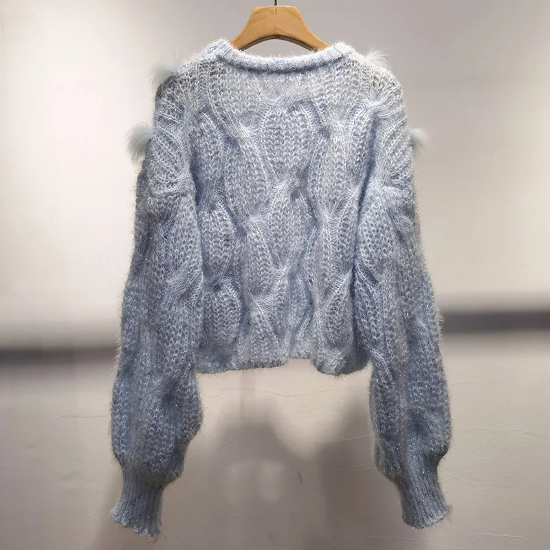 fox fur striped knitted short pull sweater long sleeved O-neck womens pull jumper womens fur decorative sweater 241202