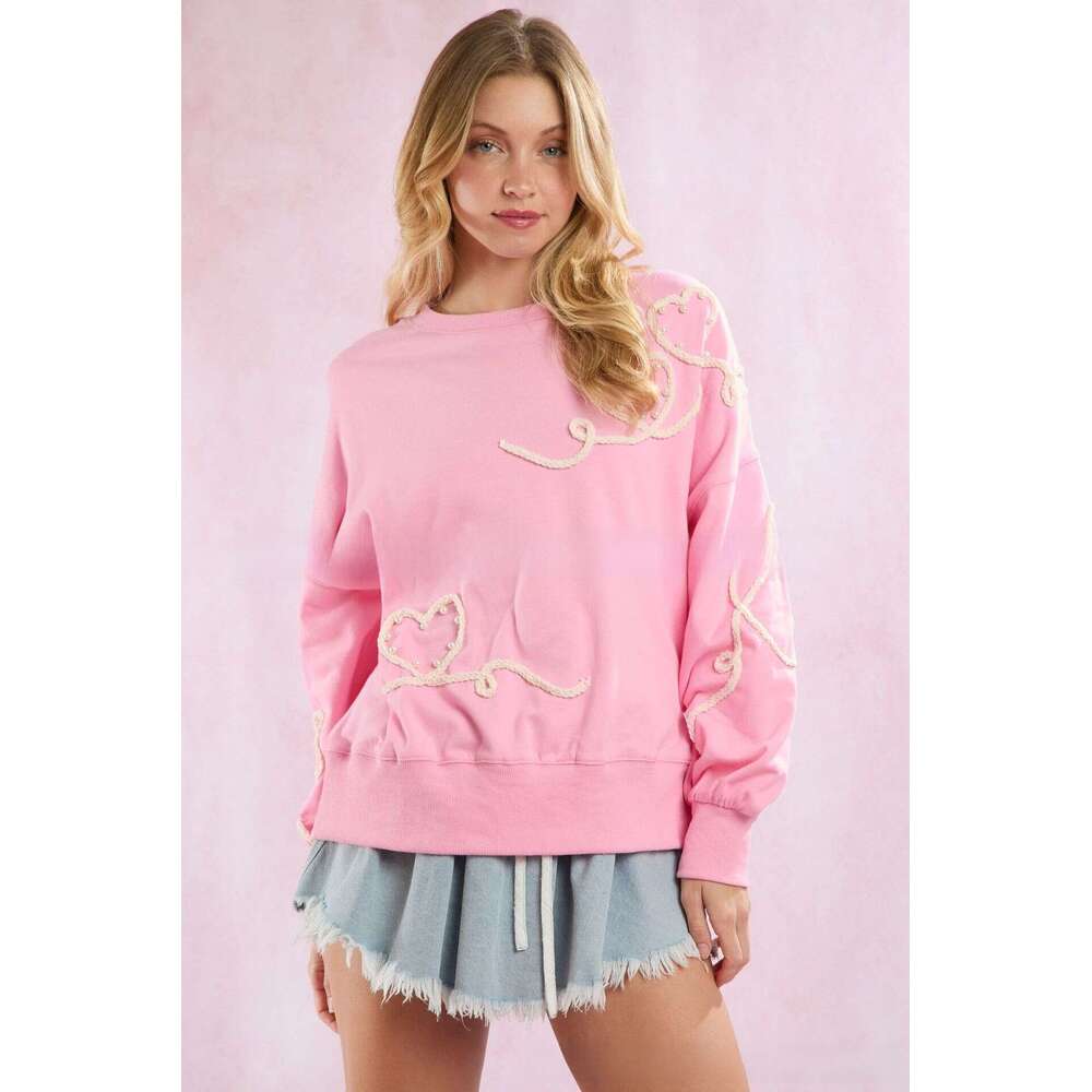 Autumn Winter European And American Clothing Valentine's Day Heart-Shaped Embroidery Pearl Decoration Top Sweet Hoodie Women's Fashion Quali