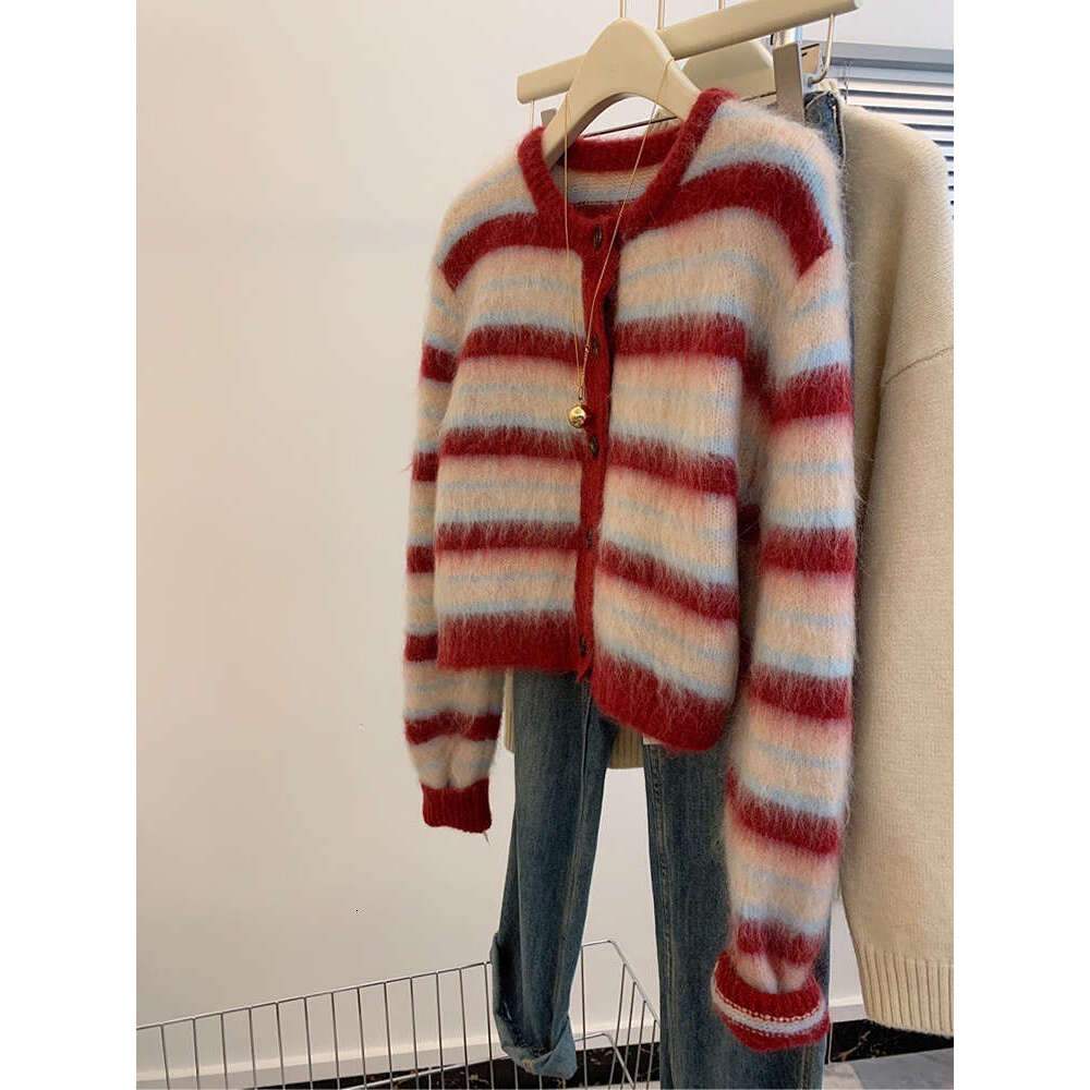 Autumn Winter New Sweet Red Striped Mohair Knitting Cardigan For Women Fashion Round Collar Single Breasted Sweater Coats