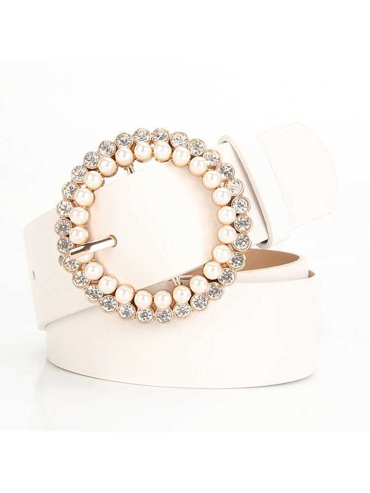 Summer jeans dress round pin buckle webbing casual womens leather PU pearl diamond decorative belt fashionable wide belt X241209