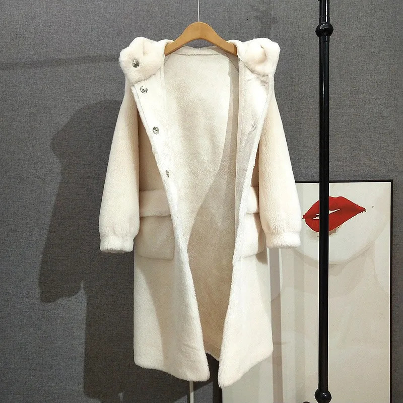Womens long sleeved hooded wool jacket womens sheepskin wool long coat PT416 241202