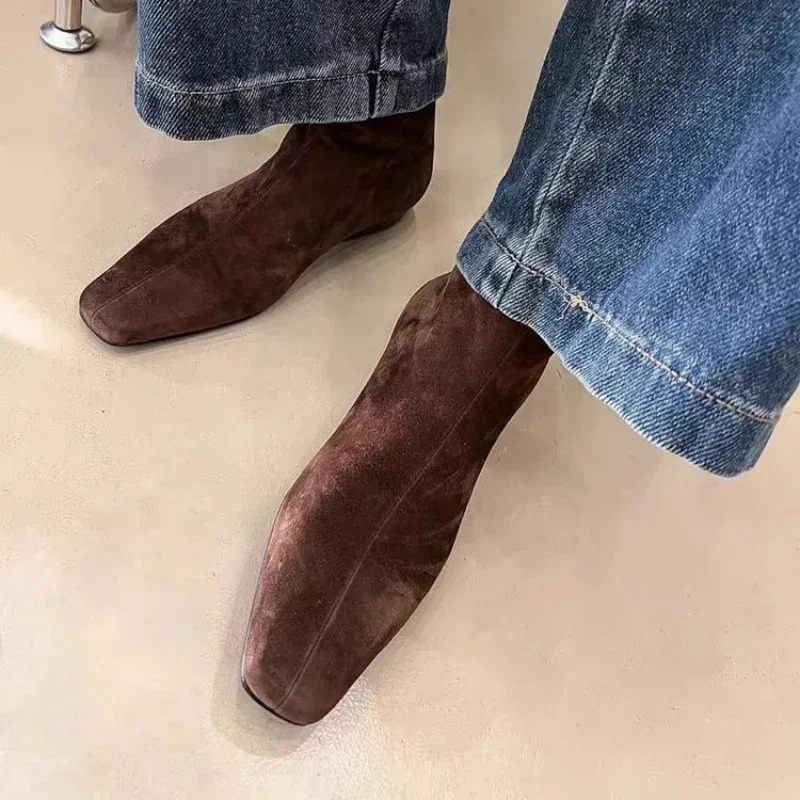 Flat shoes flat shoes suede warm womens shoes winter square toe casual Chelsea 2025 trend low boots snow boots unprinted Zapatos 241206
