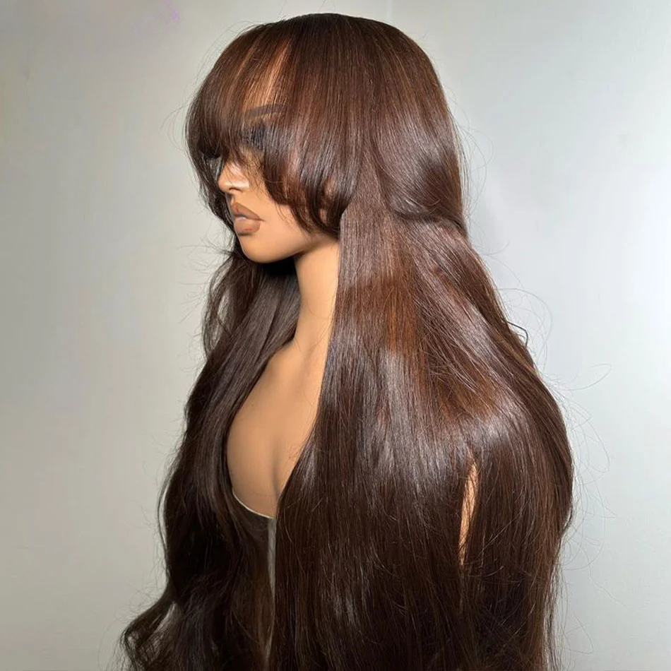 180density Chocolate Brown Body HD Lace Frontal Human Hair Wigs Water Wave Colored Synthetic Wig with Bangs 250 Density 40Inch
